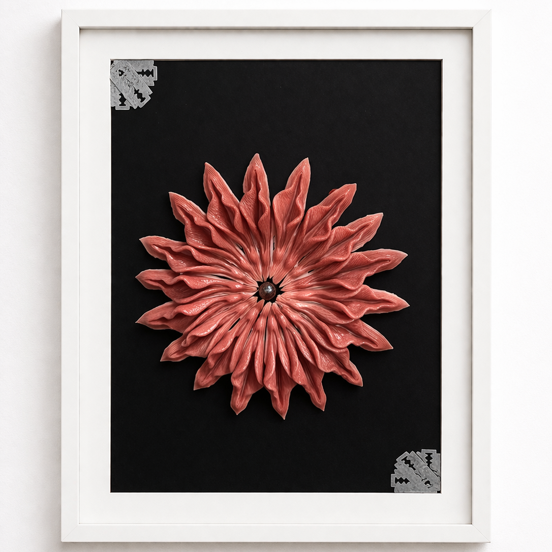 Framed artwork of a red flower on a black background
