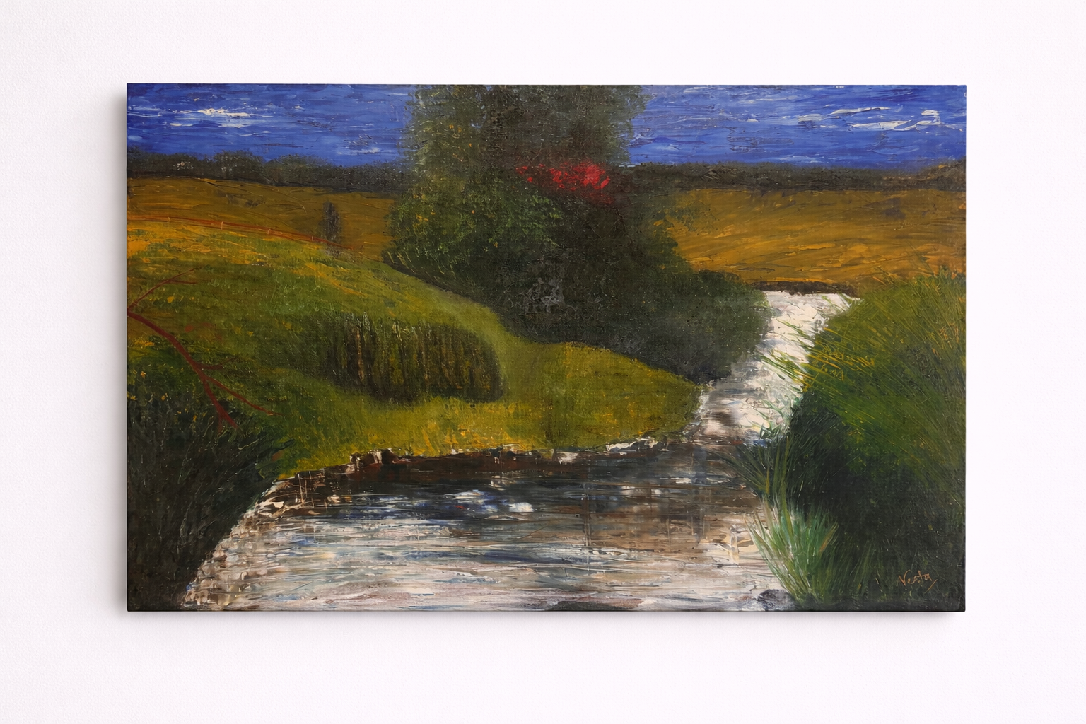 Painting of a landscape with a stream and trees