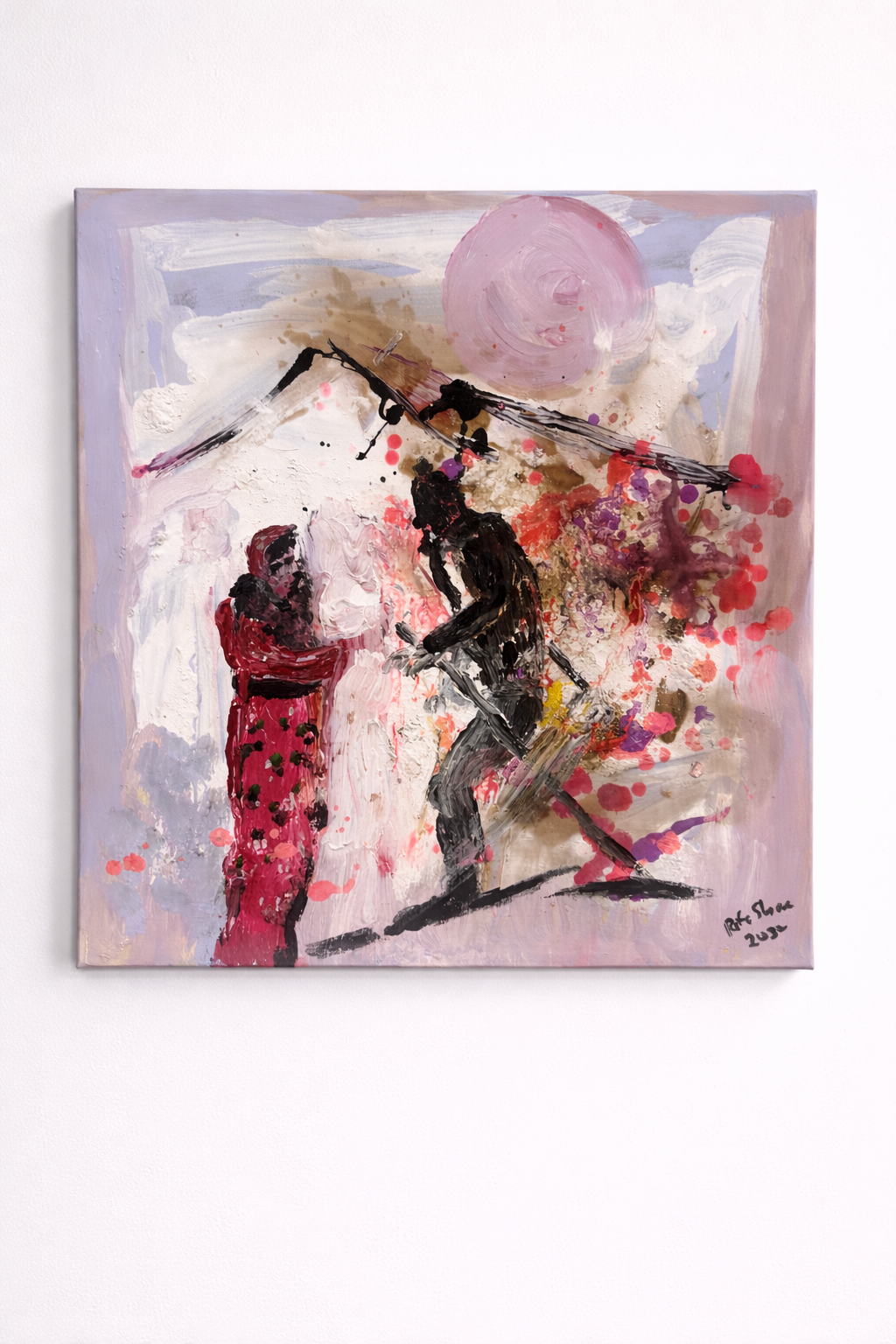 Abstract painting with figures skiing