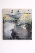 Abstract painting of a landscape with birds and a crow 