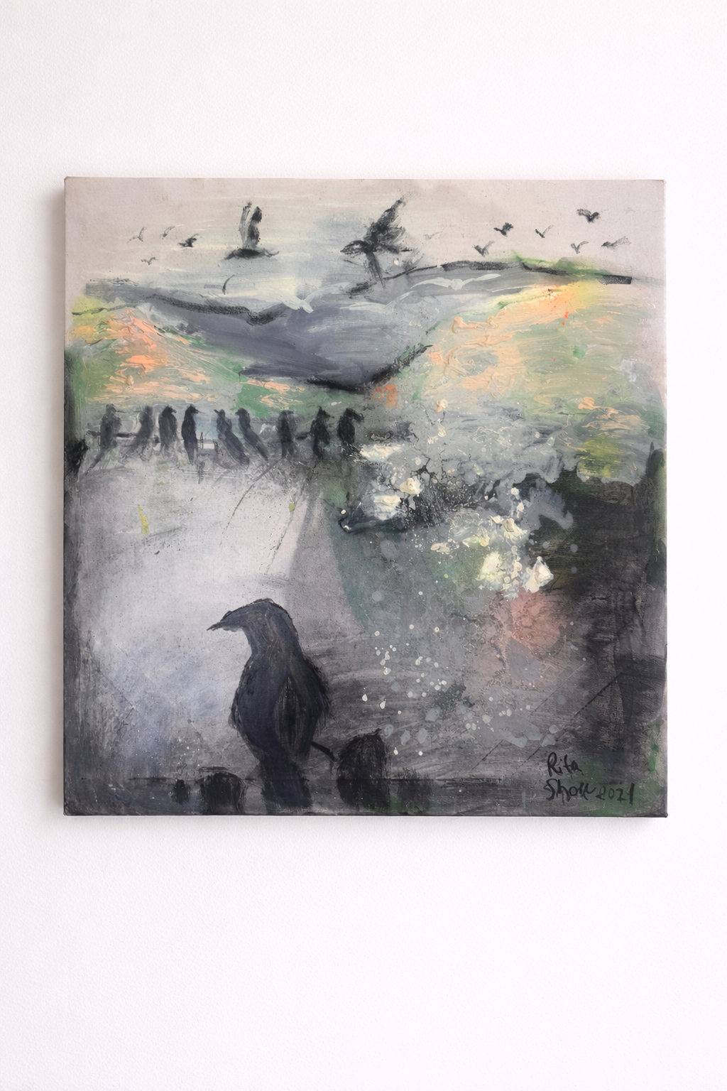 Abstract painting of a landscape with birds and a crow 