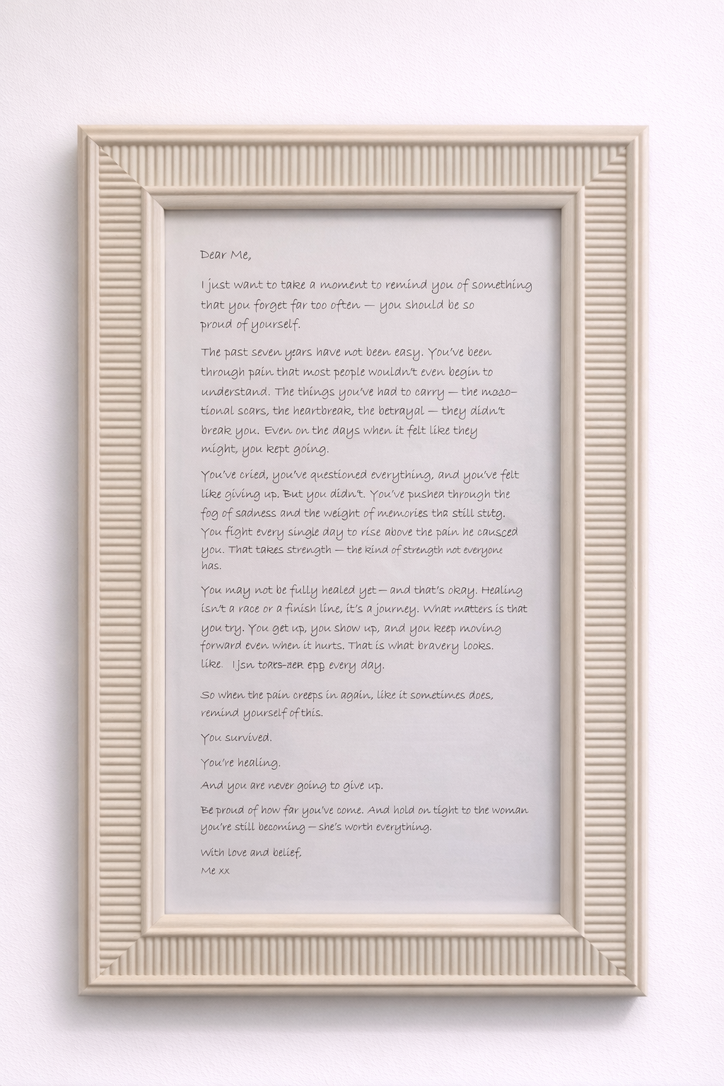 Framed letter written to myself from a DV survivor on a white background